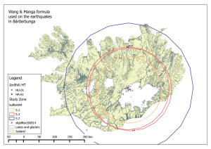 Mynd sem sýnir skjálfta á bilinu M 5,1-5,7 sem urðu í Bárðarbungu fyrir 26. ágúst 2014 og mögulegt áhrifasvæði þeirra út frá formúlu um varanlegar vatnsborðs breytingar í kjölfar jarðskjálfta.